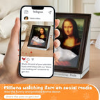 Smartphone displaying an Instagram post of the Larleaf Mona Lisa cat scratcher. A funny and practical home decor item loved by millions on social media as a unique gift.