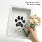 Matte white finish pet memorial shadow box frame displayed with a hand holding pastel roses for size scale. Features a clear black ink paw print and premium wood texture. A touching dog or cat remembrance gift to honor a beloved pet in home decor.