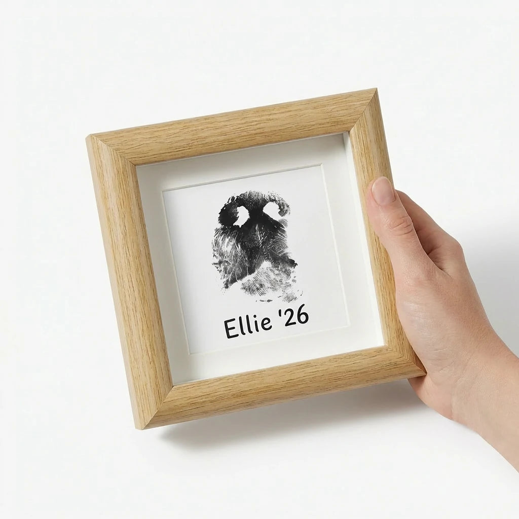 Collage showing details of a natural oak wood pet memorial shadow box. Includes front view with unique dog nose print (snout print) & 'Ellie '26', a side profile highlighting deep display depth, and a close-up stressing the smooth wood grain construction. A rustic quality tribute