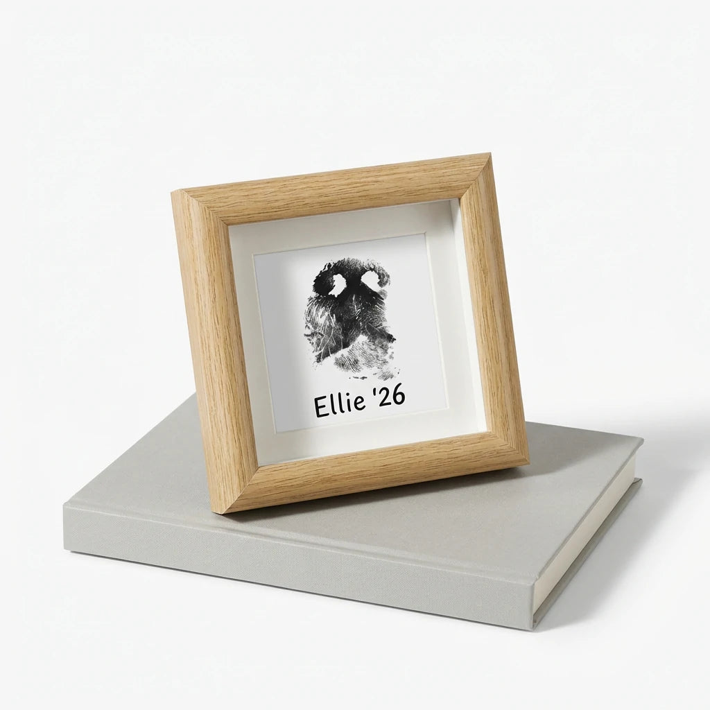 Angled view of natural wood pet memorial shadow box frame styled on a grey book. Features a unique dog nose print (snout print) with custom text 'Ellie '26'. The light oak finish offers a warm, rustic look for home decor. A touching sympathy gift