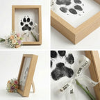 Collage view of natural wood finish pet memorial shadow box frame. Highlights light oak grain texture, side profile with stand, and interior paw print tribute with 'Best Wish For You' ribbon. A warm rustic sympathy gift for dog or cat remembrance.