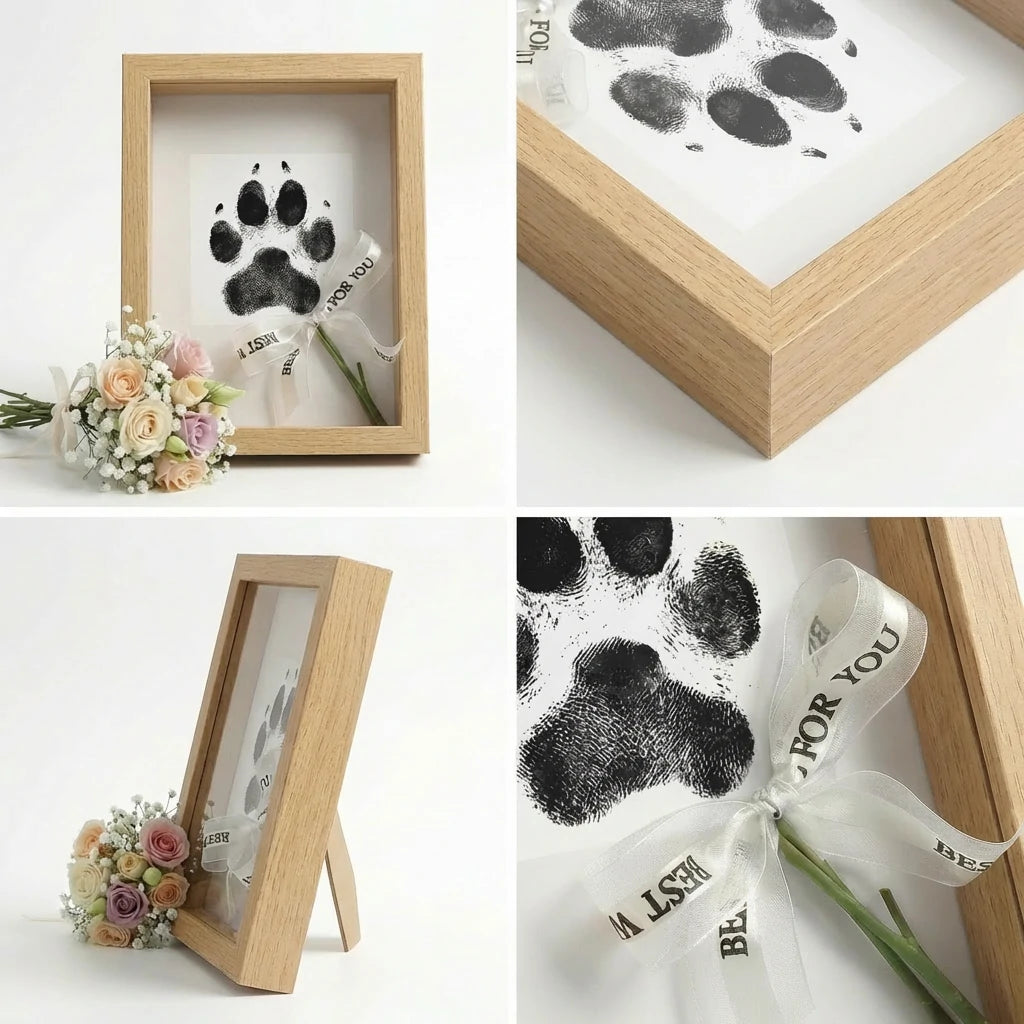 Collage view of natural wood finish pet memorial shadow box frame. Highlights light oak grain texture, side profile with stand, and interior paw print tribute with 'Best Wish For You' ribbon. A warm rustic sympathy gift for dog or cat remembrance.