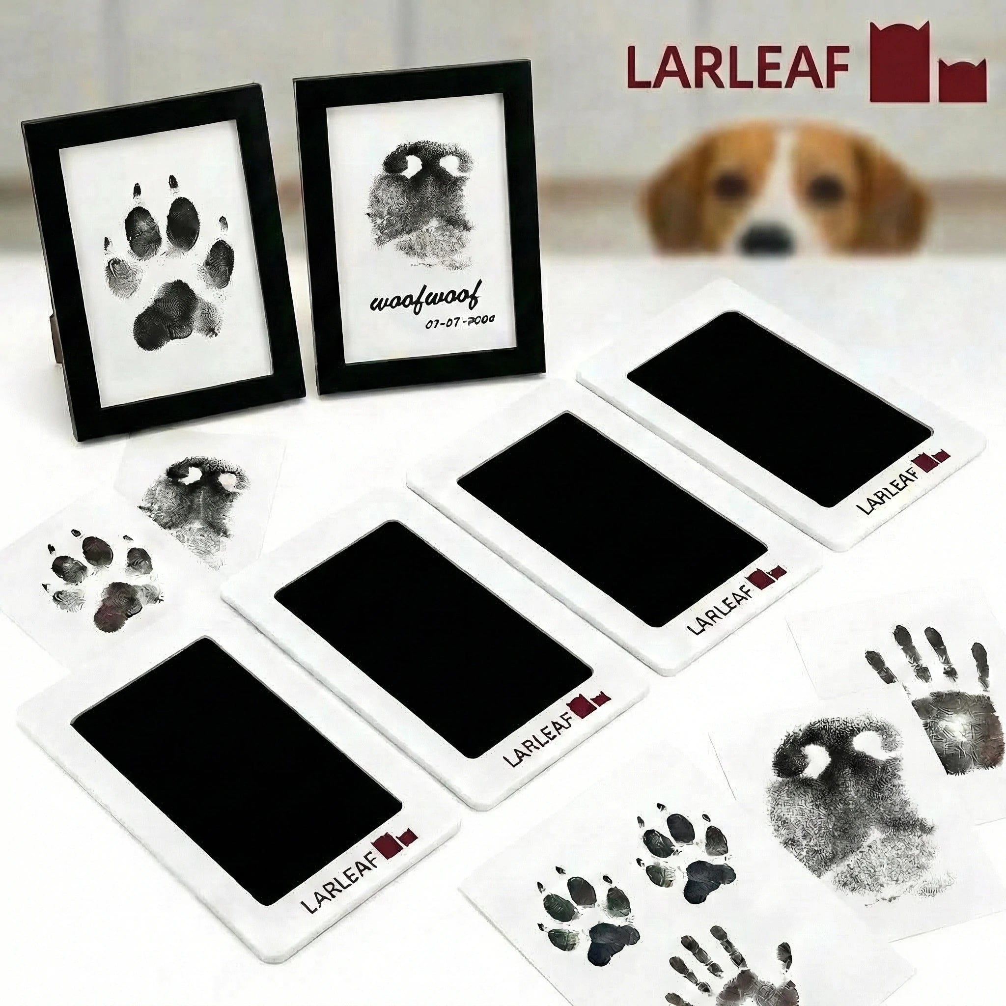 Larleaf mess-free paw print kit, nose print kit set, ink pad set including ink pads and black photo frames. Designed for newborns and pets, this clean-touch kit allows for capturing paw prints or footprints without ink ever touching the skin. Main image