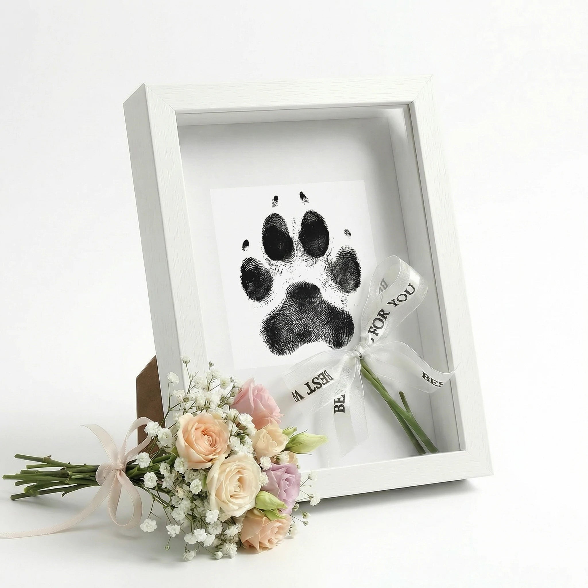 DIY pet paw print impression kit with solid wood shadow box frame and designated space for a memorial photo. This non-toxic clay mold set creates a lasting 3D tribute of your dog or cat's paw, serving as a touching sympathy gift for pet loss and remembrance Main image