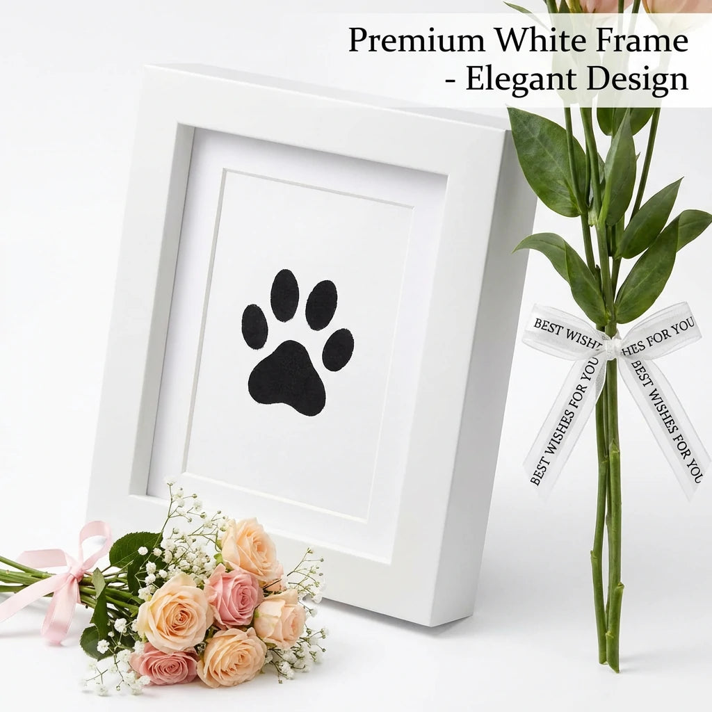 Angled view of premium white wooden pet memorial shadow box frame showing deep display depth. Features a black paw print tribute styled with pastel roses and 'Best Wishes For You' ribbon. An elegant sympathy gift for loss of a beloved dog or cat