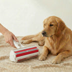 Larleaf reusable pet hair remover roller shown with the dustbin lid open, revealing a large amount of collected fur. Demonstrates the easy-to-empty design and high capacity for capturing dog and cat hair.