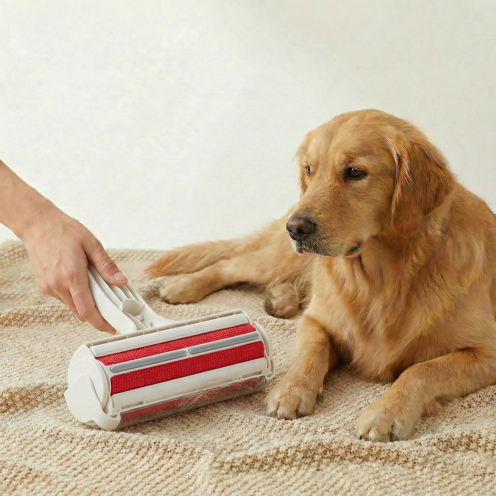Larleaf reusable pet hair remover roller shown with the dustbin lid open, revealing a large amount of collected fur. Demonstrates the easy-to-empty design and high capacity for capturing dog and cat hair.