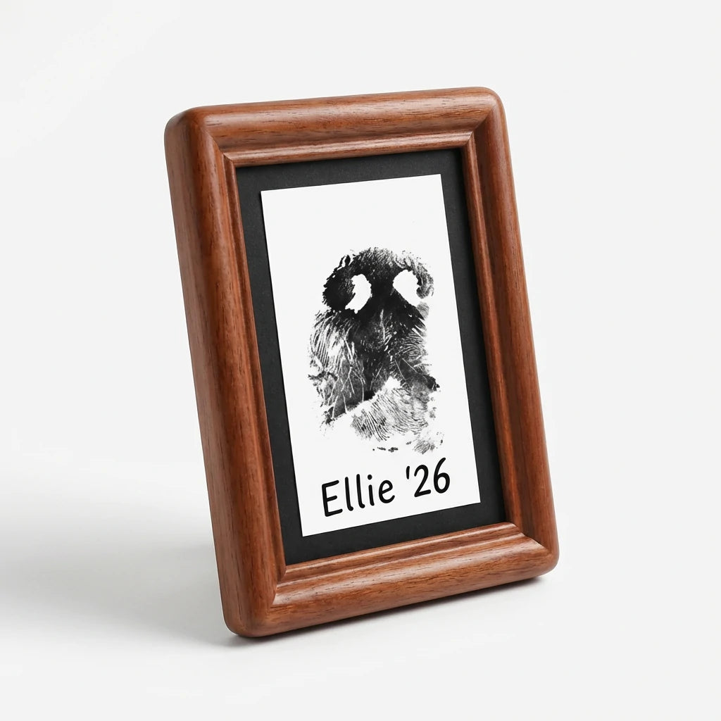 Elegant wooden pet memorial frame in a warm red wood tone. Displays a personalized dog nose impression art surrounded by a black border. A sophisticated sympathy gift for grieving owners who appreciate traditional quality home decor. Main image