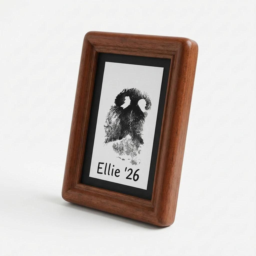 Classic red wood dog frame shown in a 3/4 perspective. The warm reddish tone and soft edges offer a timeless look. Designed to hold a beloved pet's nose print card securely. A durable and respectful tribute for a desktop or mantelpiece.