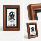 Composite view of the red rosewood pet memorial frame. Includes full front, angled side, and a close-up detail of the smooth rounded corner. Highlights the rich wood grain and black inner mat. A premium quality display for dog nose prints.