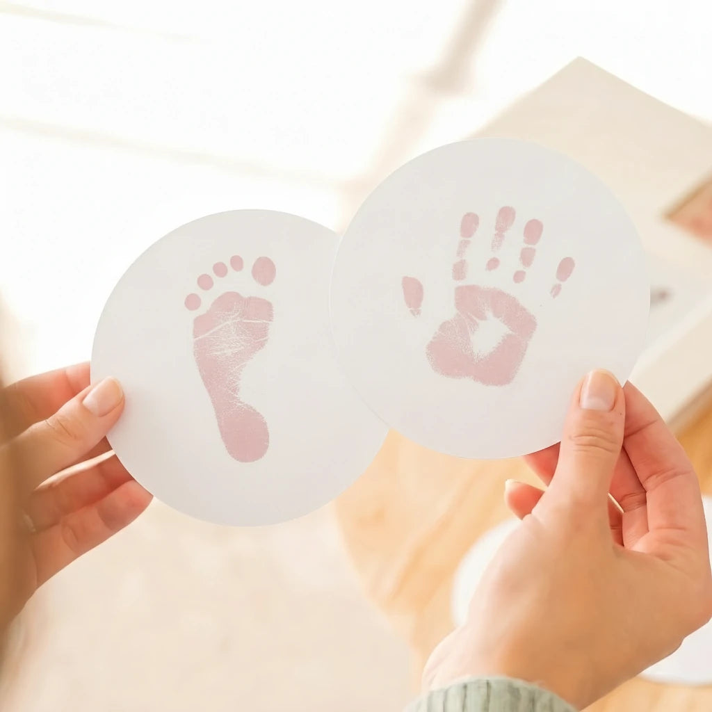 Close-up of a person's hands holding two round paw print keepsake cards featuring a high-contrast pink baby footprint and handprint. Demonstrates the detailed results of a pink ink print kit for DIY pet memorial goods.