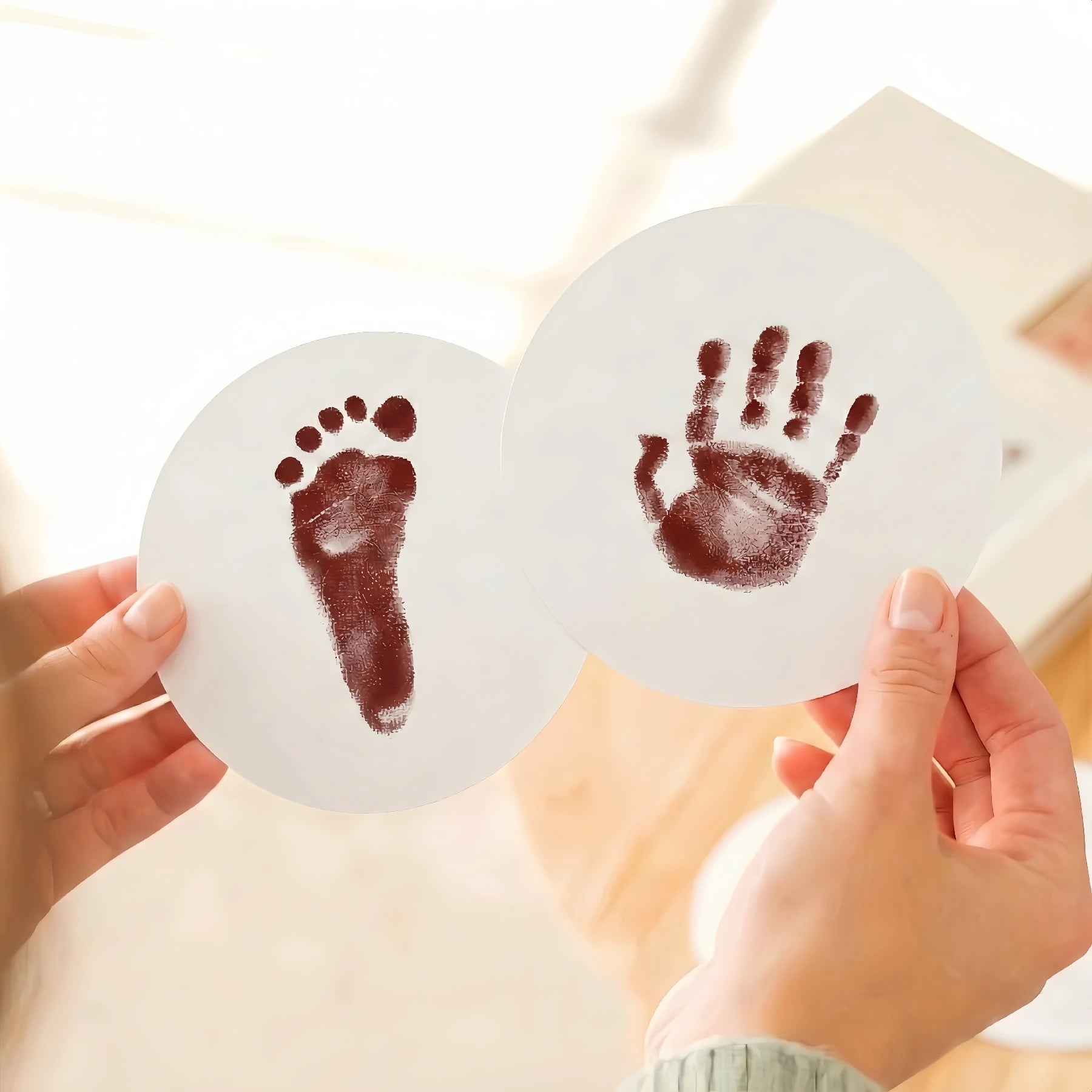 Close-up of a person's hands holding two round paw print keepsake cards featuring a high-contrast red baby footprint and handprint. Demonstrates the detailed results of a red ink print kit for DIY pet memorial goods.