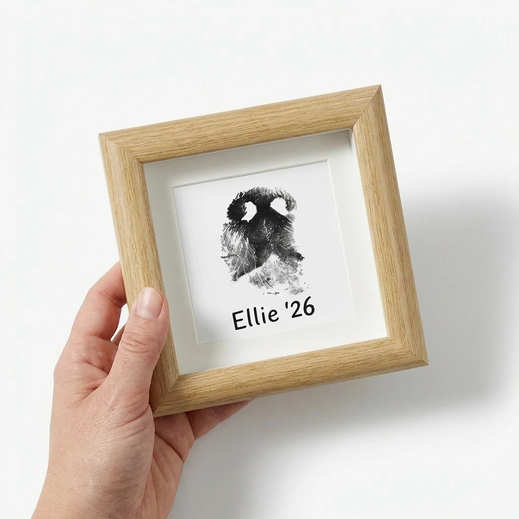 Collage view of small natural wood pet memorial shadow box frame details. Shows front nose print tribute with 'Ellie '26', thick side profile depth, and smooth oak grain corner joinery. A well-crafted, rustic minimalist gift for pet loss.