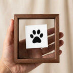Hand holding a small square walnut wood floating frame to show compact scale. Features a classic black paw print suspended in transparent double glass. A minimalist, see-through memorial keepsake perfect for displaying a dog or cat's paw impression