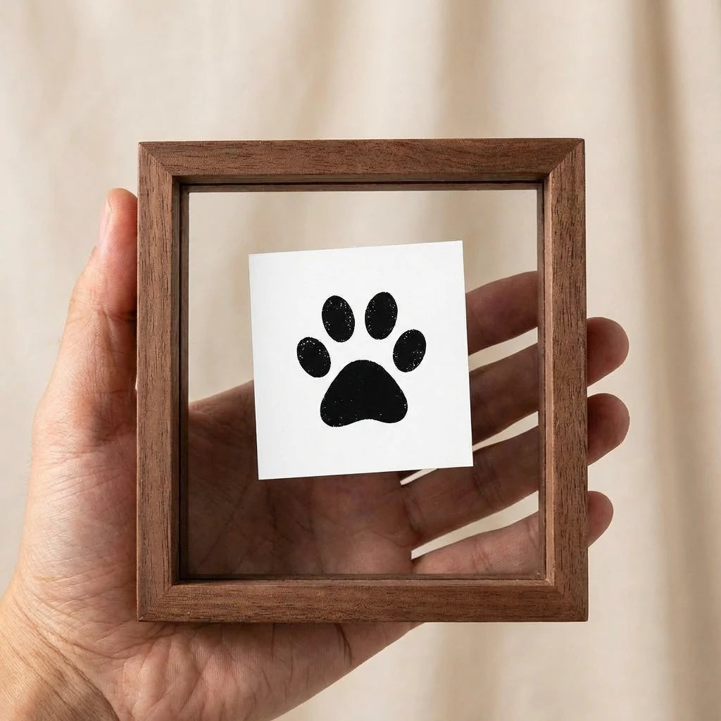 Hand holding a small square walnut wood floating frame to show compact scale. Features a classic black paw print suspended in transparent double glass. A minimalist, see-through memorial keepsake perfect for displaying a dog or cat's paw impression