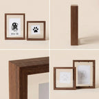 Collage details of walnut wood floating frame set. Shows front display of nose and paw prints, side view highlighting deep profile, close-up of square corner joinery, and rear angle. Premium double-glass construction for modern pet memorials.