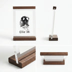 Collage view showing four detailed angles of the walnut wood and acrylic pet memorial frame. Includes a full front display of the dog nose print, a slim side profile, and close-up shots of the solid wood base slot and top bar construction. Highlights the minimalist frameless design and premium wood grain texture.