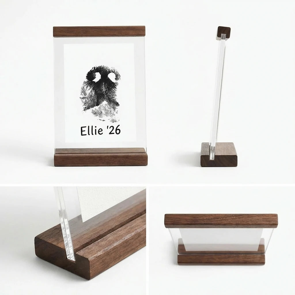 Collage view showing four detailed angles of the walnut wood and acrylic pet memorial frame. Includes a full front display of the dog nose print, a slim side profile, and close-up shots of the solid wood base slot and top bar construction. Highlights the minimalist frameless design and premium wood grain texture.