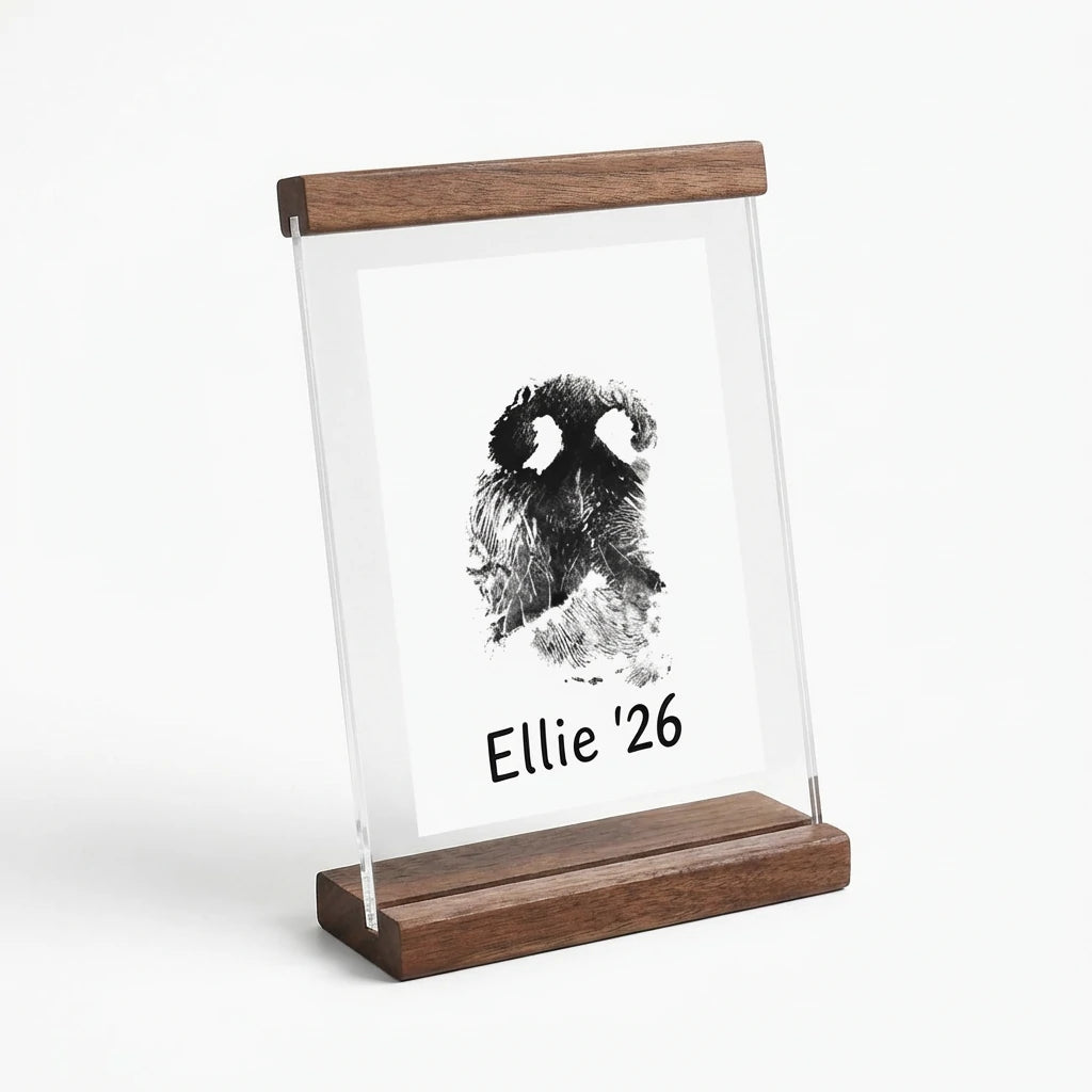 Modern minimalist pet memorial stand featuring a solid dark walnut wood base and top bar securing a clear acrylic panel. Displayed inside is a custom black ink dog nose print with personalized text 'Ellie '26'. This frameless, natural wood design offers a warm, contemporary tribute for a grieving pet owner