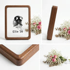 Collage of premium walnut wood pet memorial frame details. Shows front view with nose print 'Ellie '26', side profile highlighting thick frame depth, and close-up of smooth rounded corner joinery. Styled with flowers for a sophisticated, organic tribute