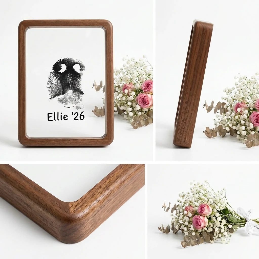 Collage of premium walnut wood pet memorial frame details. Shows front view with nose print 'Ellie '26', side profile highlighting thick frame depth, and close-up of smooth rounded corner joinery. Styled with flowers for a sophisticated, organic tribute
