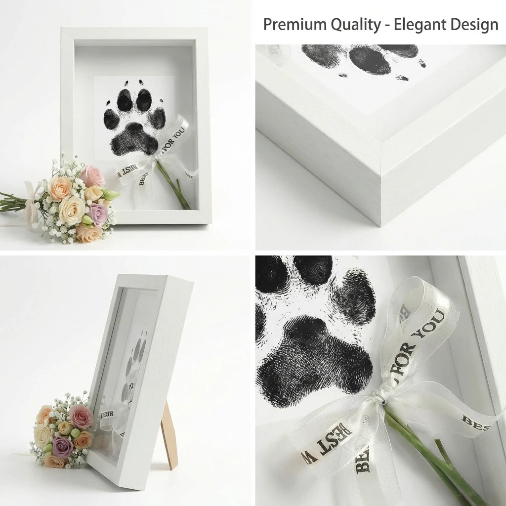 Premium white wooden pet memorial shadow box frame collage showing multiple angles: full front view with flowers, close-up of frame corner quality, side profile with stand, and detailed interior shot of the black paw print card and "BEST WISH FOR YOU" ribbon. An elegant sympathy keepsake gift for grieving dog or cat owners.