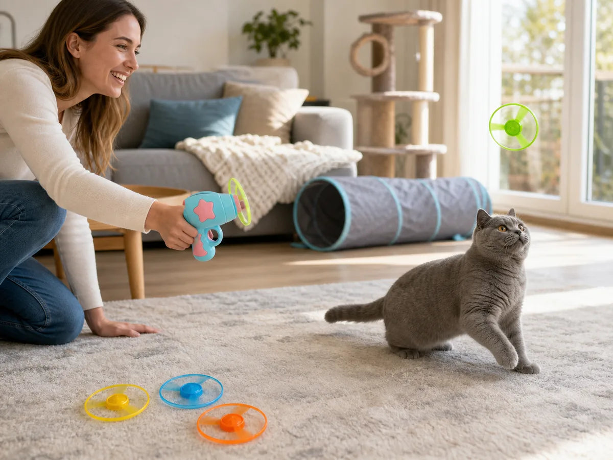 Supervised indoor play with a Larleaf cat disc launcher and four colorful discs