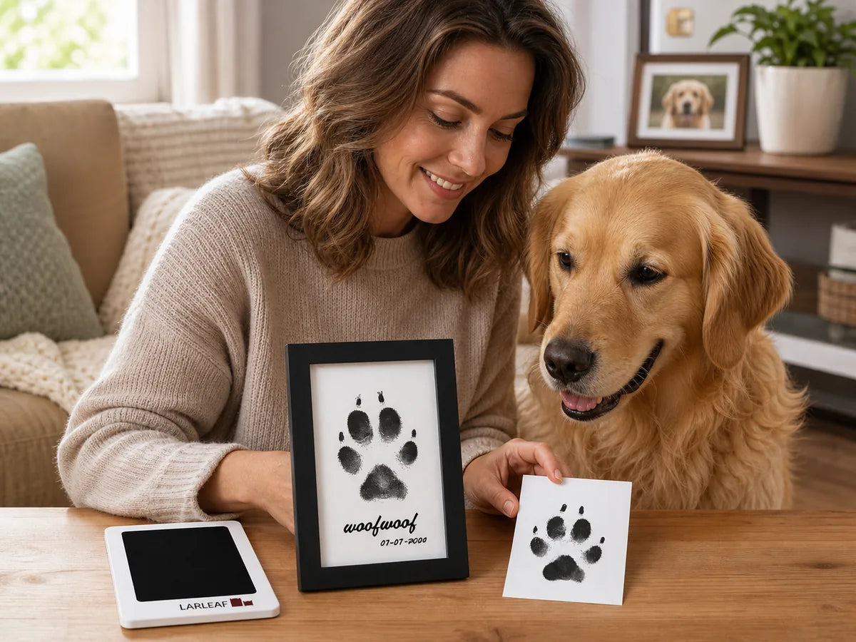 Pet owner displaying a Larleaf paw-print keepsake beside a golden retriever
